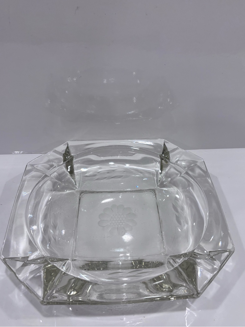 Vintage heavy clear glass ashtray 8” etched floral art deco octagon